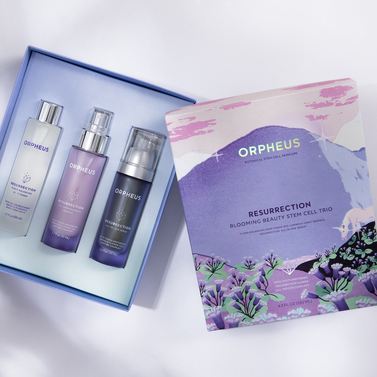 Open box of  trio of toner, essence, and serum with wo rare botanicals: our ultimate muse, the Orpheus flower and the prized Damask rose.