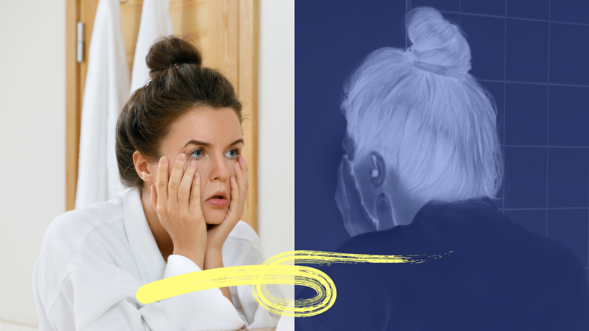 How to fix a tired looking face - Split image showing a woman looking tired in front of a bathroom mirror and a blue-filtered reflection, symbolizing before and after skincare.