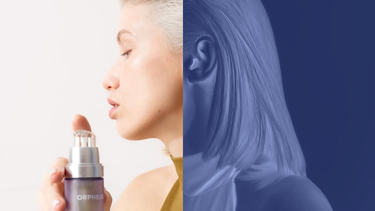 Split image of a woman applying Orpheus serum on the left side and a blue-filtered profile view on the right, representing redness relief and skin transformation.